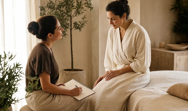 A therapist talking with a guest before the treatment begins
