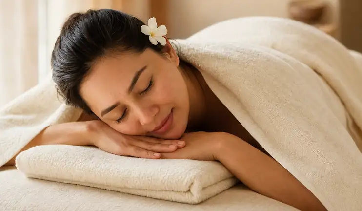 A guest resting under a towel during a treatment
