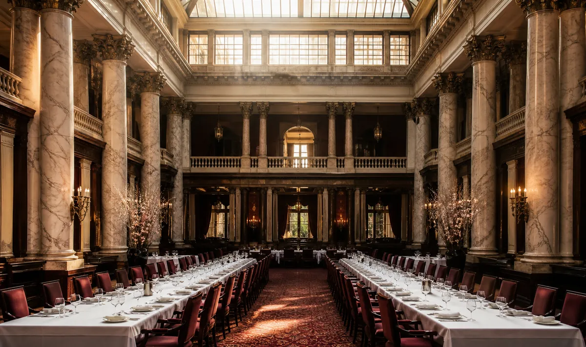 The dining room, tables laid under a glass roof.