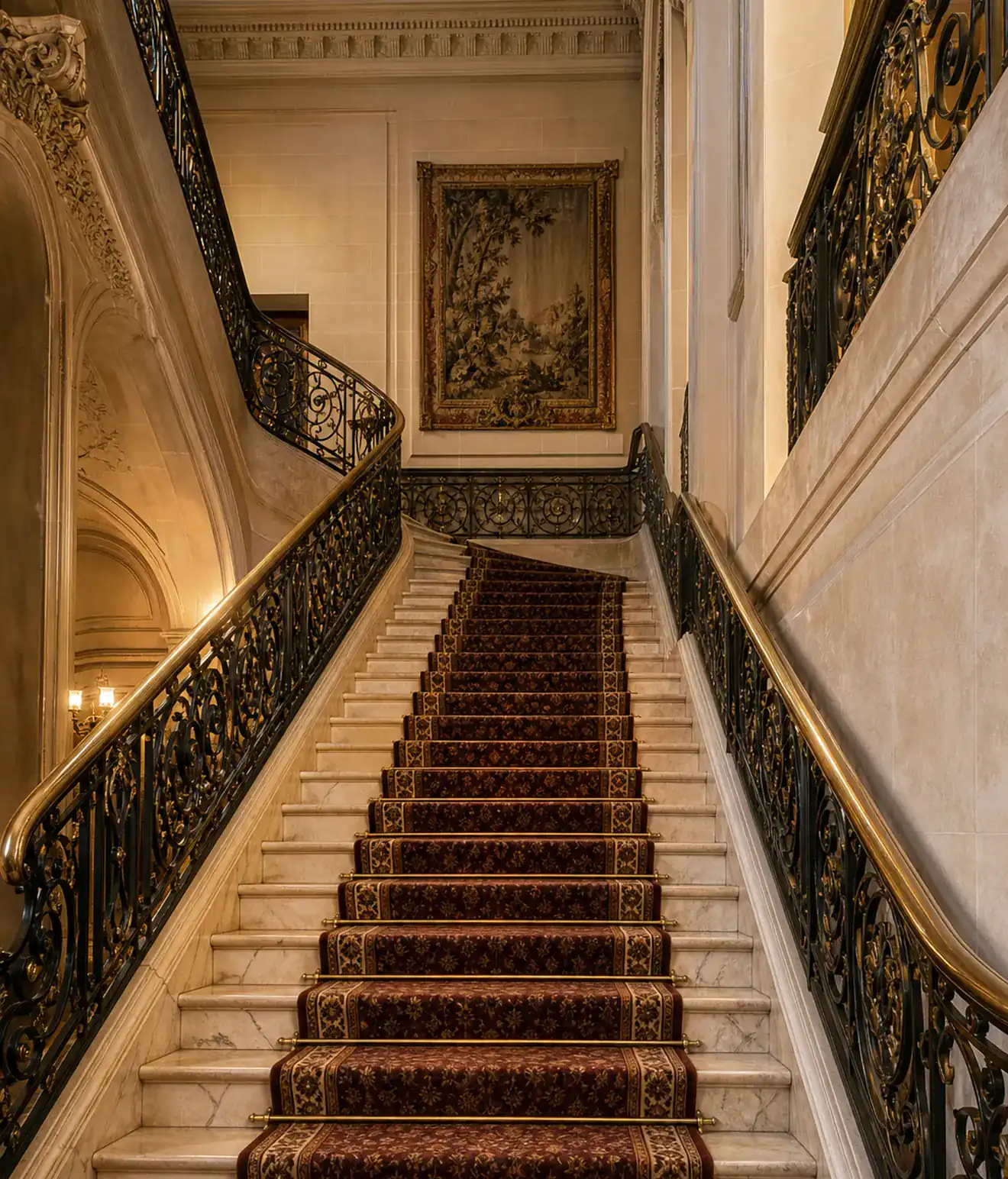 The grand staircase: marble steps, a patterned runner and wrought-iron banisters.