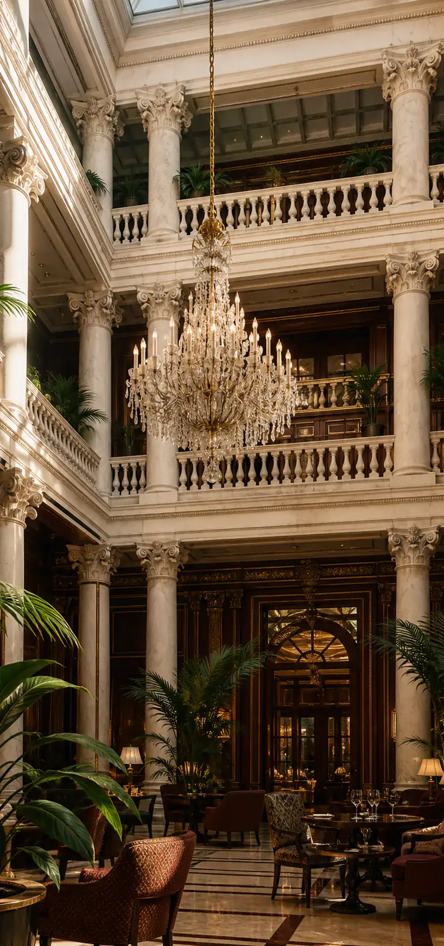 The atrium: marble columns, balustrades and a chandelier over the lobby.