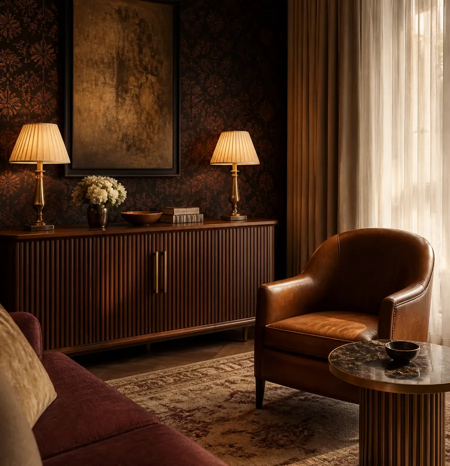 A sitting corner: a fluted sideboard, two lit lamps and a tan leather armchair.