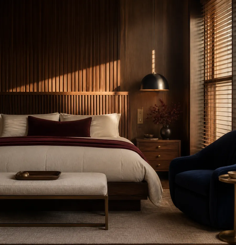 A slatted-wood bedroom with a dome pendant and a midnight-blue armchair.