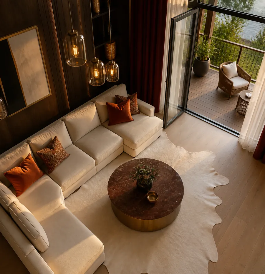 A family living room seen from above: a cream corner sofa and a terrace door.