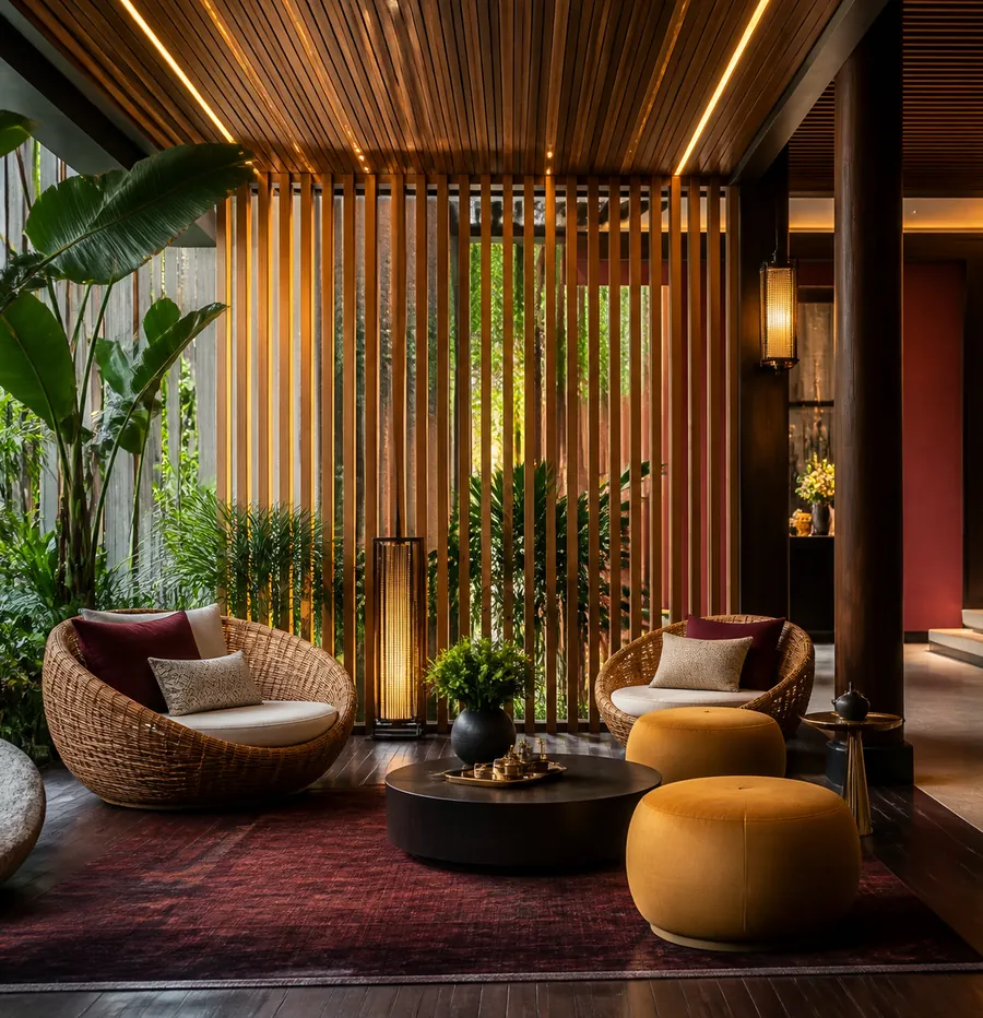 A villa lounge behind a wooden screen, rattan chairs and mustard poufs.