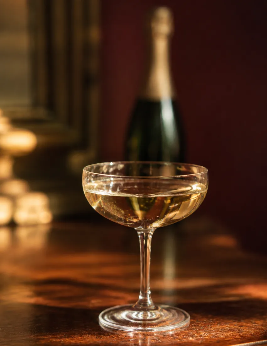 A coupe of champagne on a polished wooden counter.