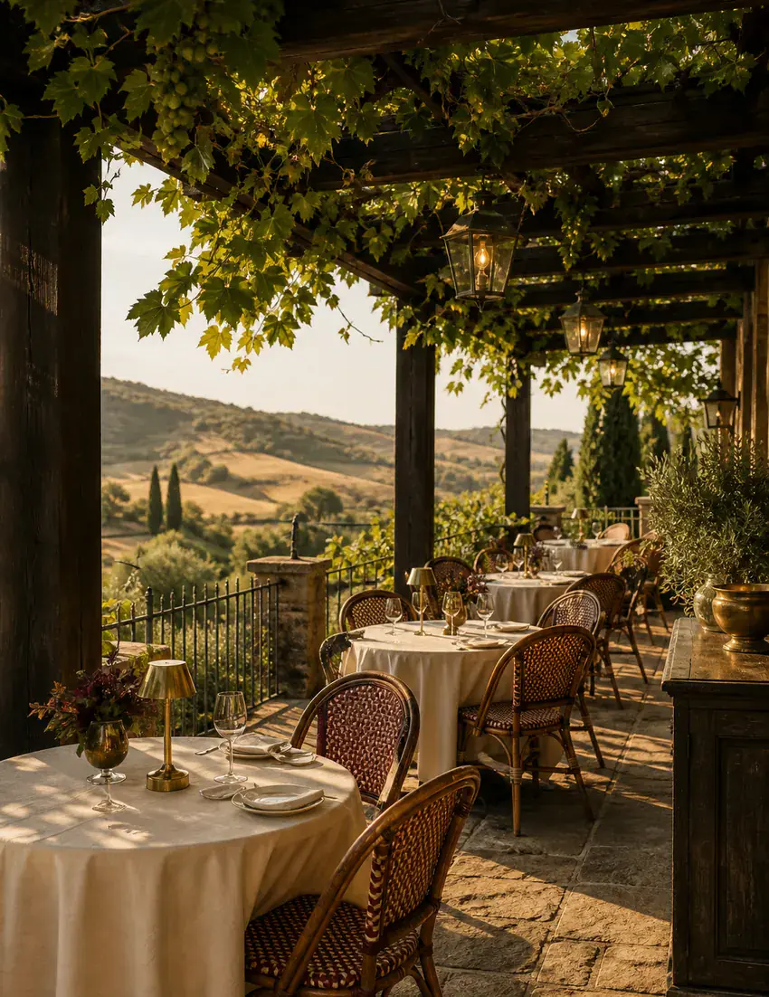 A restaurant terrace under a vine pergola, hills behind.