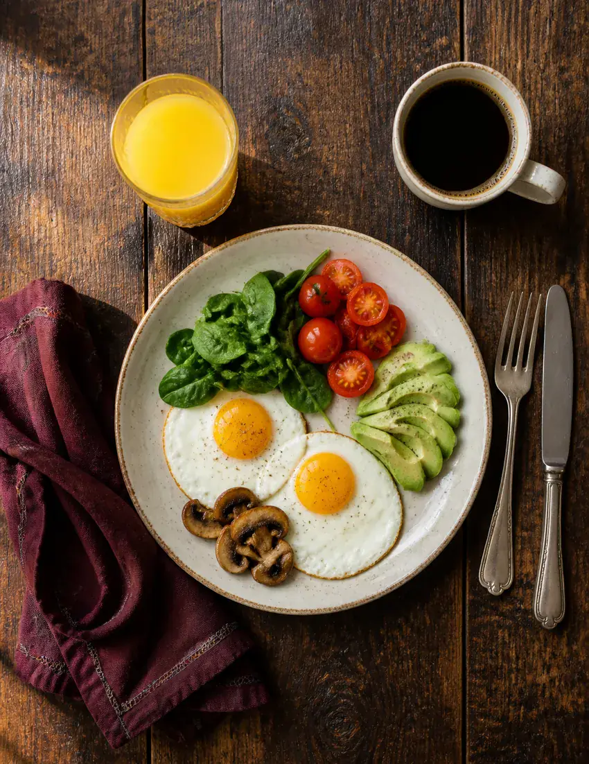 A breakfast plate seen from above on a raw wooden table.