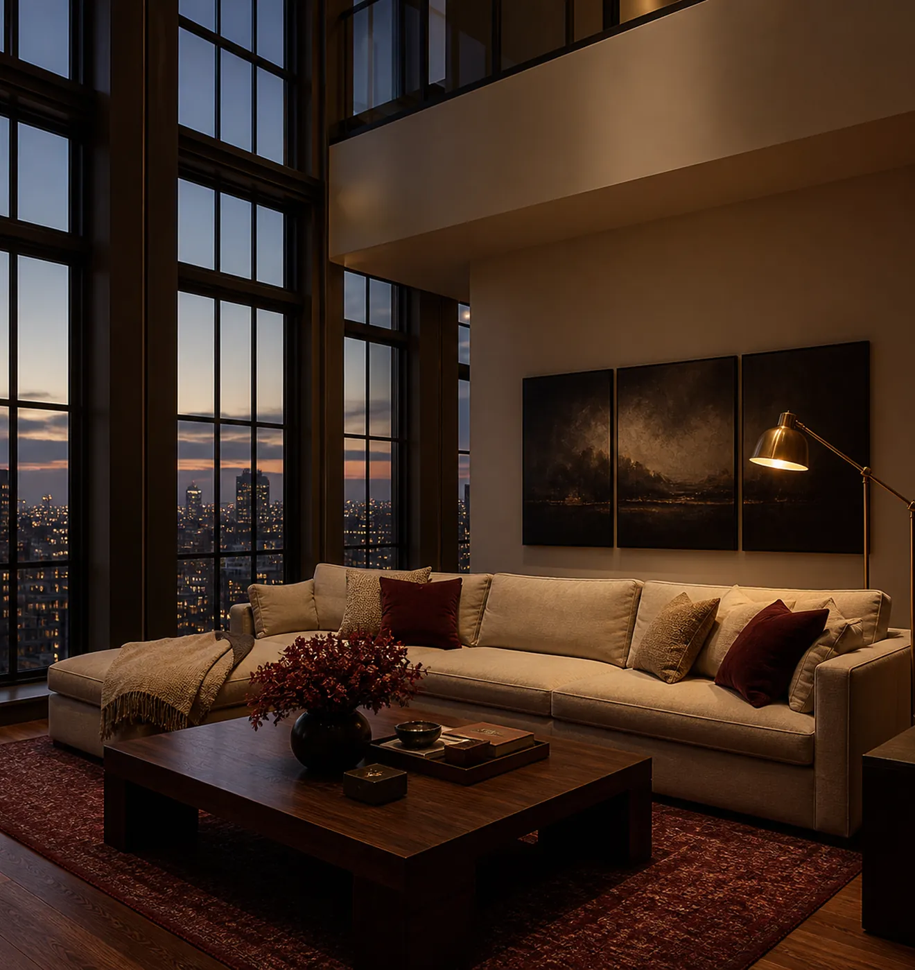A double-height corner lounge, a wall of windows onto the city at dusk.
