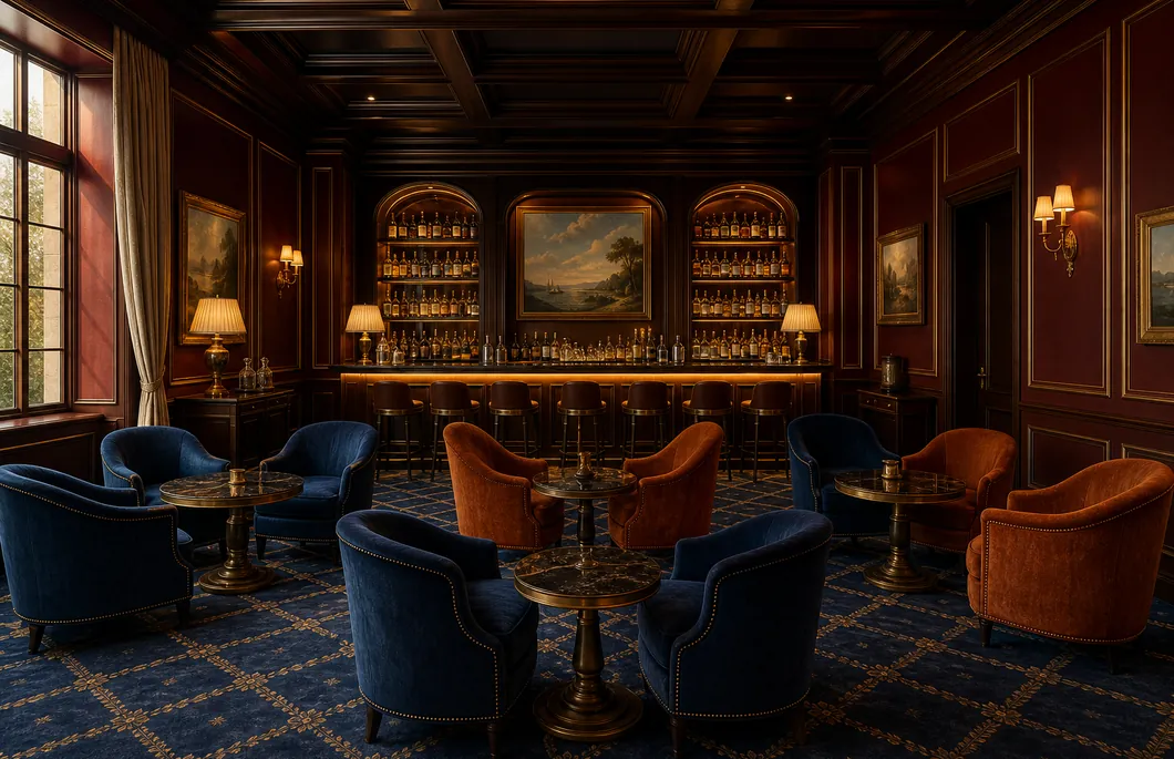 The lounge bar: lacquered red walls, gilt mouldings and a lit counter.