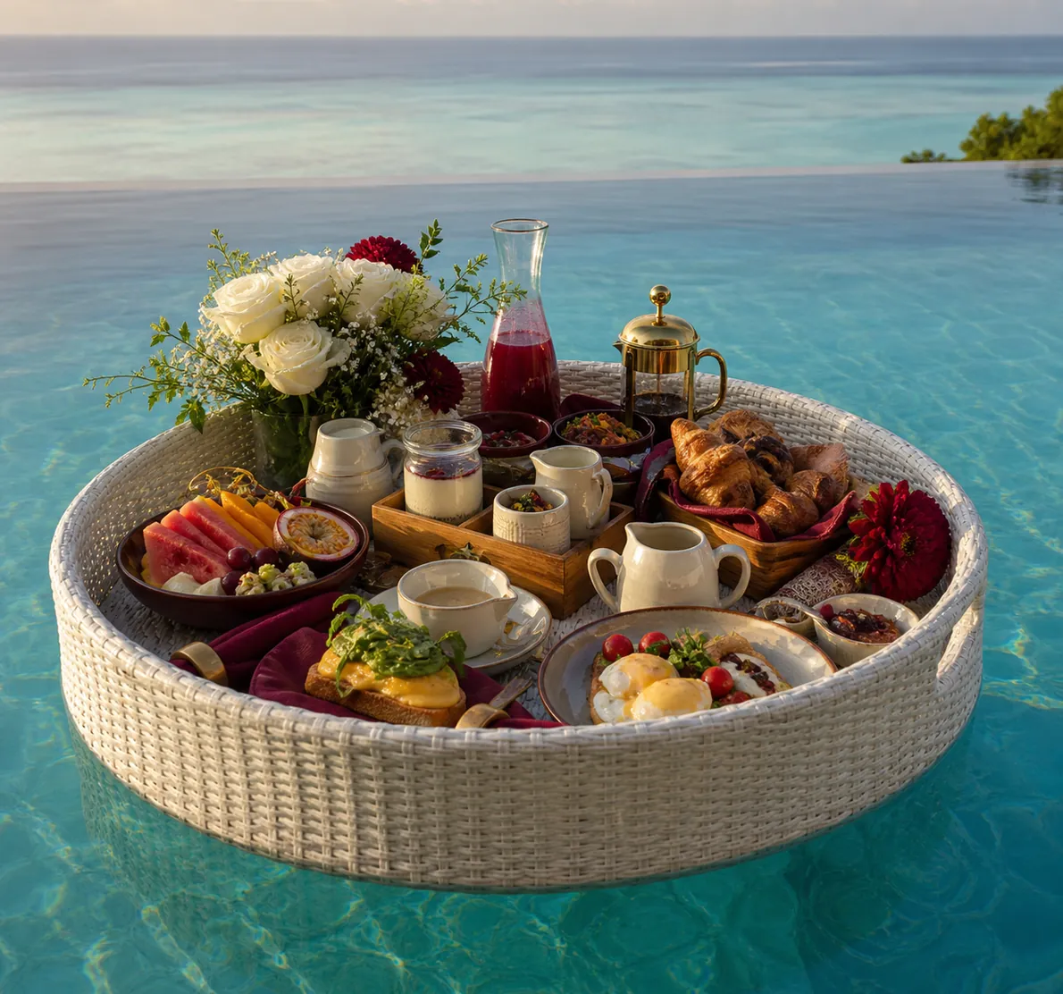 A floating brunch tray on the pool, seen from above.