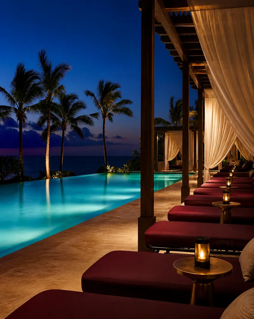 The pool lounge at night: lit water, loungers and a pergola.