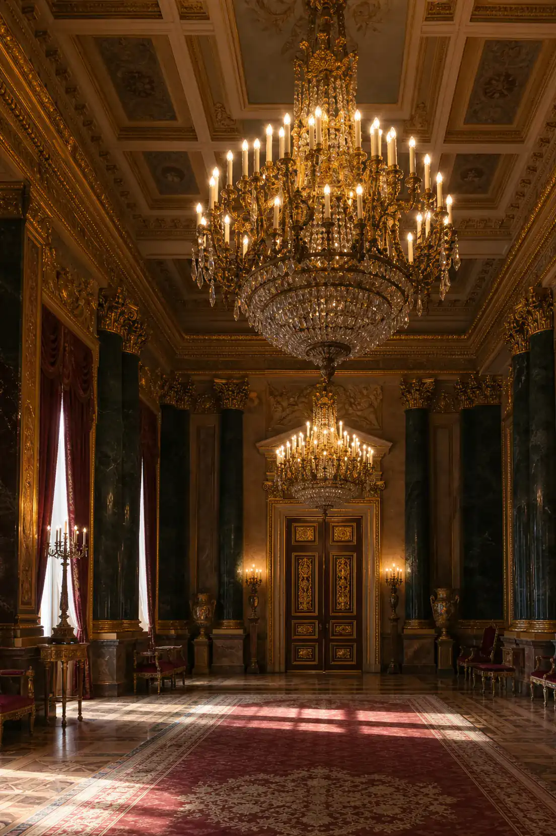 Two crystal chandeliers lit under a painted coffered ceiling.