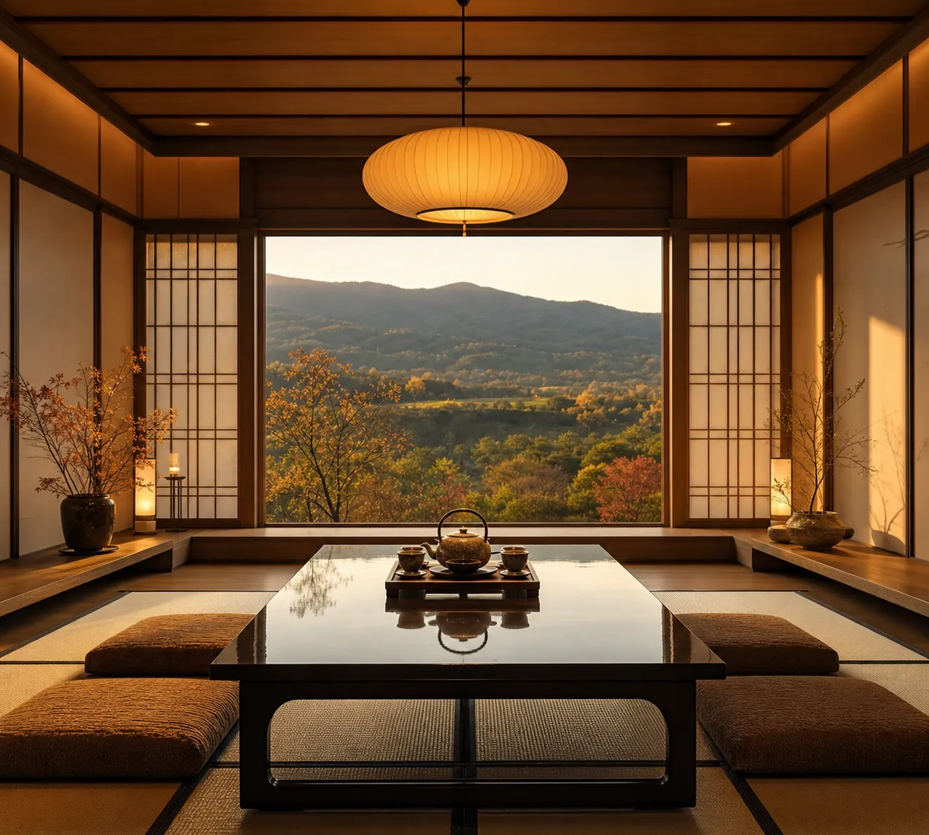 A private tea room: a lacquered low table, woven cushions and a paper lantern.