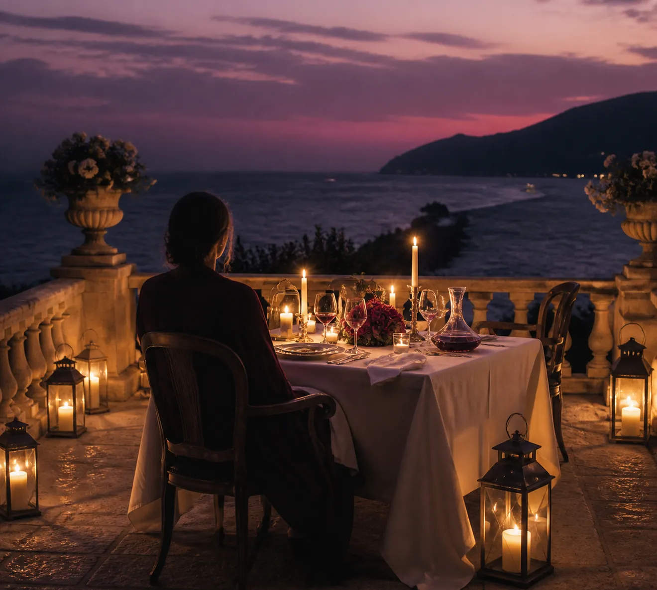 A candlelit dinner laid on a stone terrace, the sea dark behind.