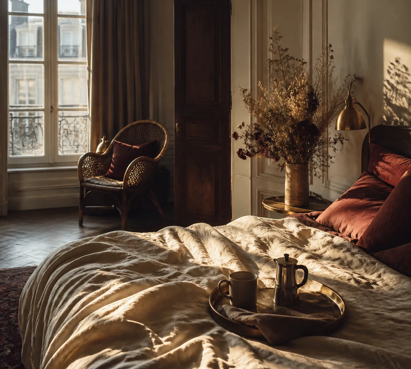 A bedroom in early light: crumpled linen, a coffee tray and a rattan chair.