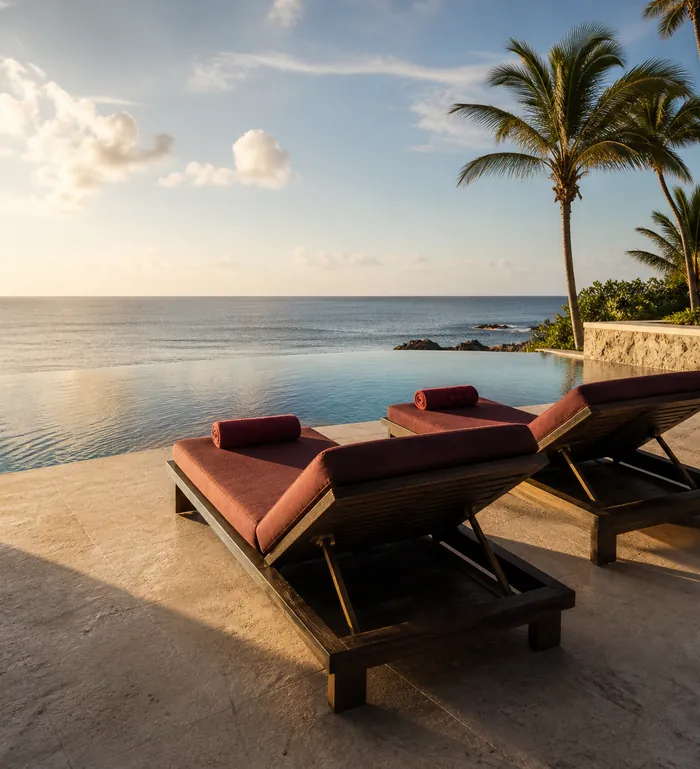 An infinity pool whose waterline meets the horizon.