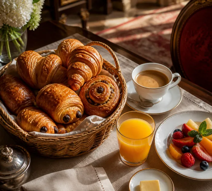 A breakfast table: pastries in a basket, coffee and orange juice.