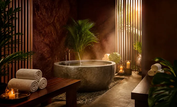 A spa relaxation room: a steaming stone pool and rolled towels on teak benches.