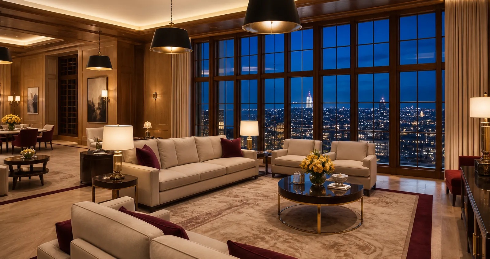 The living room of the Presidential Suite at dusk, windows onto the city.