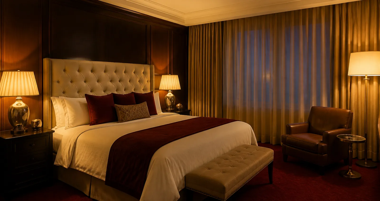 Executive Suite: a king-size bed in linen, two lit bedside lamps, a leather armchair.