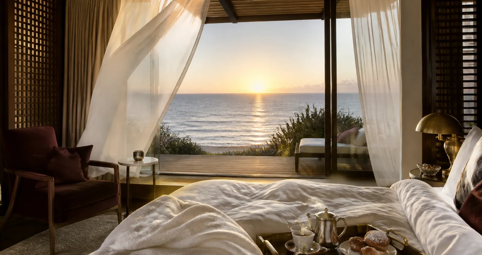 Oceanview Suite: sliding doors open onto a terrace and the sea at sunrise.