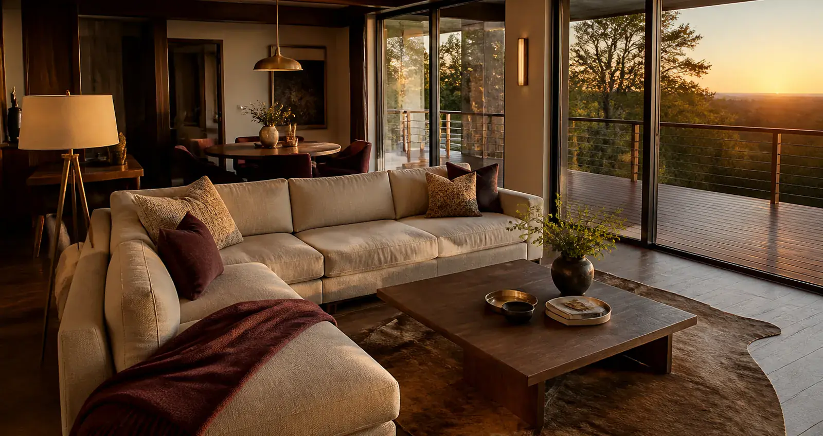 Family Suite: a corner sofa, a wooden coffee table and a terrace at sunset.