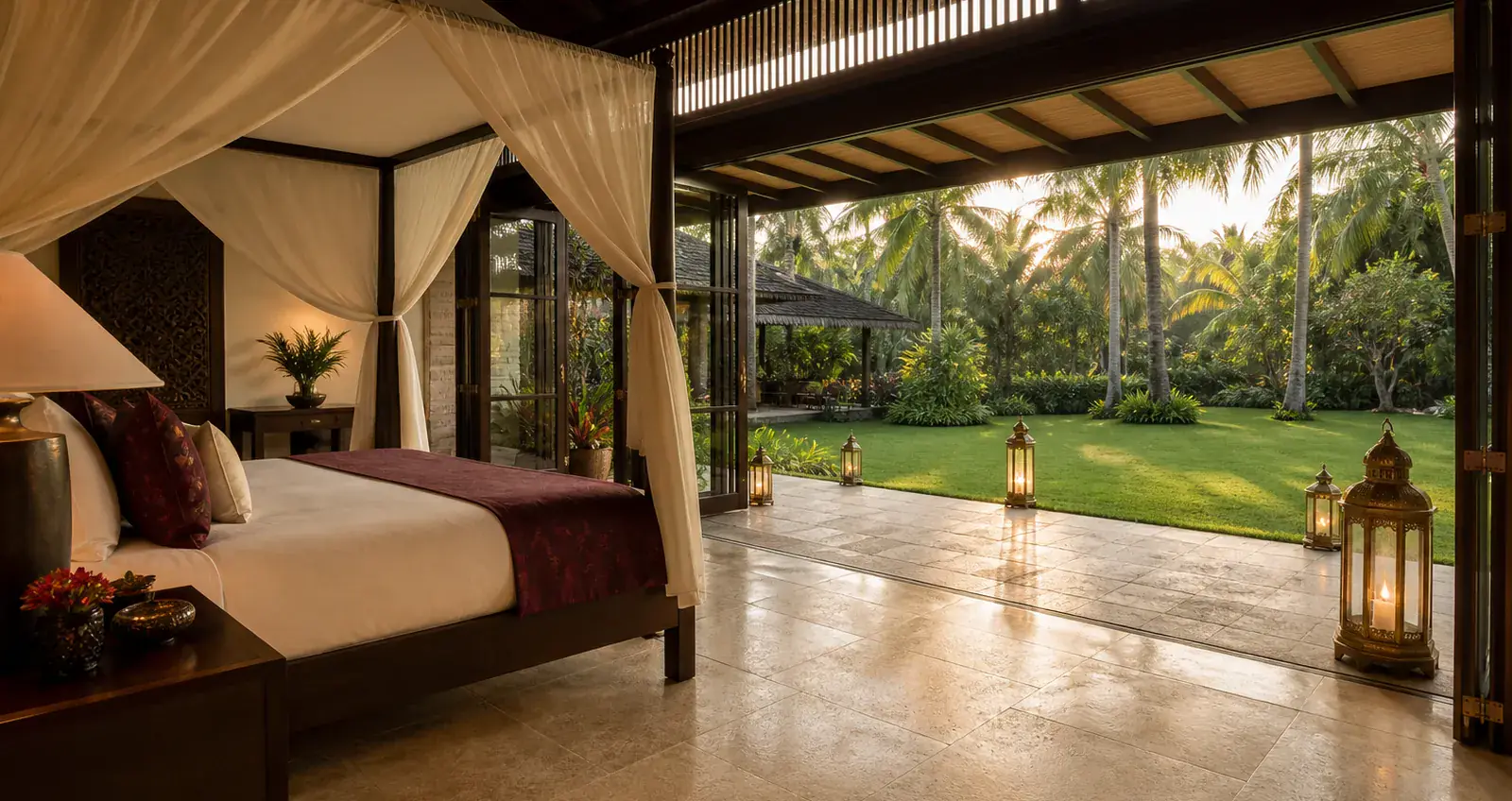 Garden Villa: folding glass walls open onto a lawn and palm trees.