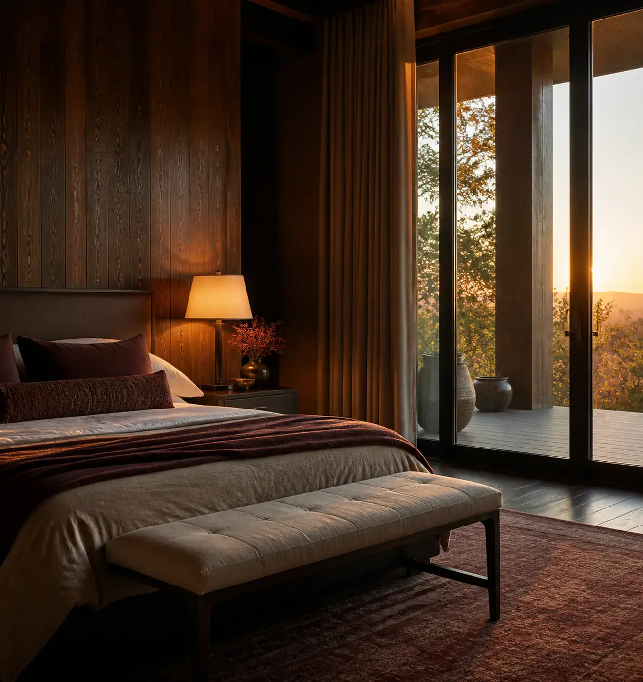 A villa bedroom, a low bed and a veranda door open at sunset.