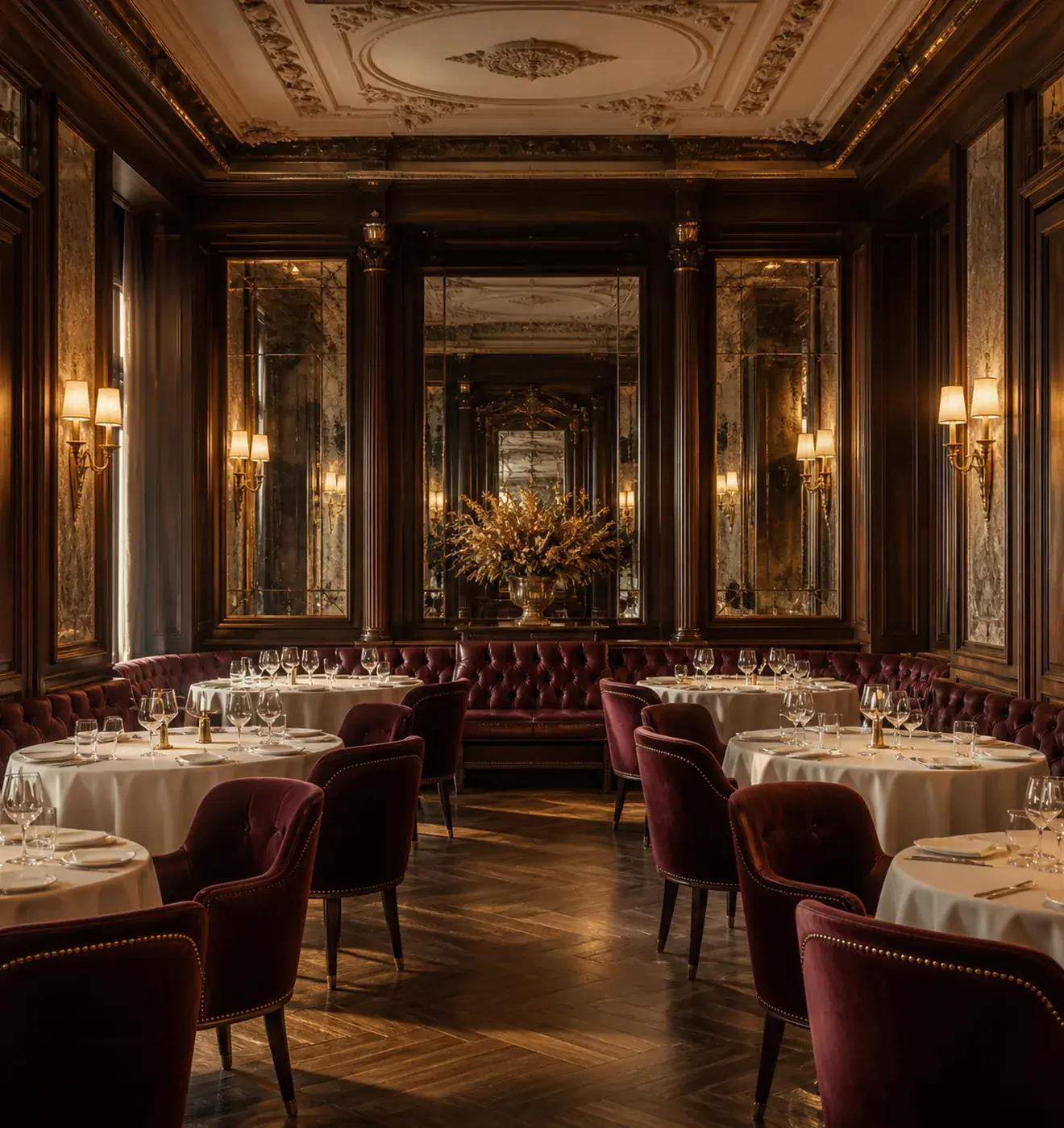 The empty restaurant room: round tables laid, velvet chairs, old mirrors.