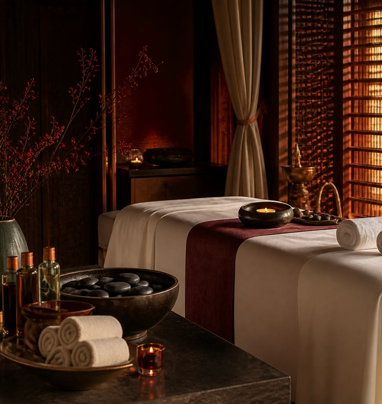 A treatment room: a linen-covered table, rolled towels and stone bowls.