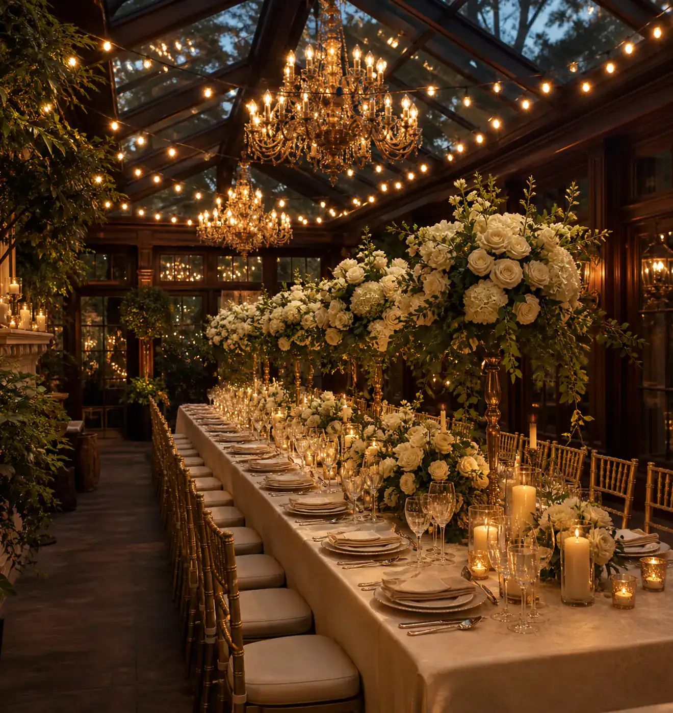 A long table laid for a celebration under a glass roof, candles lit.