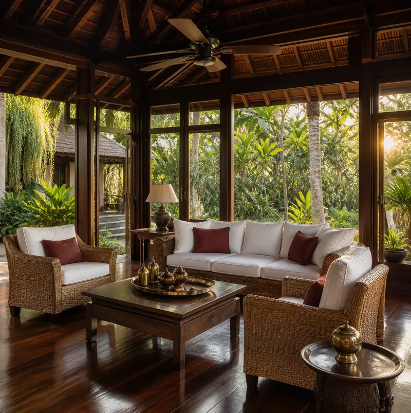 An open veranda: rattan chairs with white cushions, a garden behind.