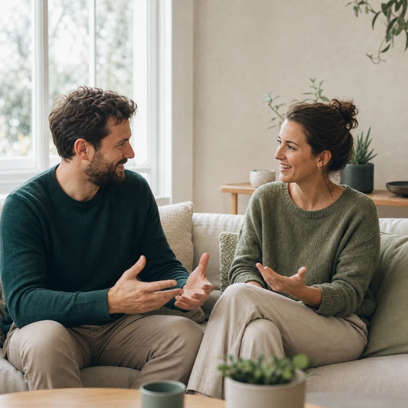 A man and a woman sitting on a sofa, mid-conversation