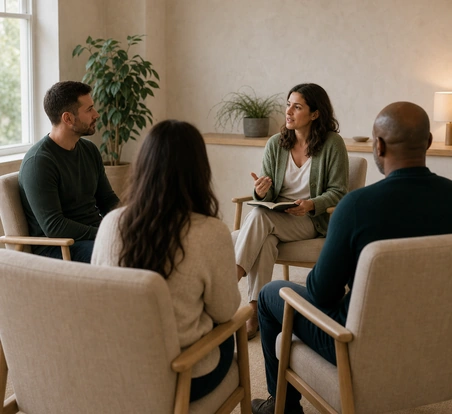 Four adults in a group session, one of them taking notes