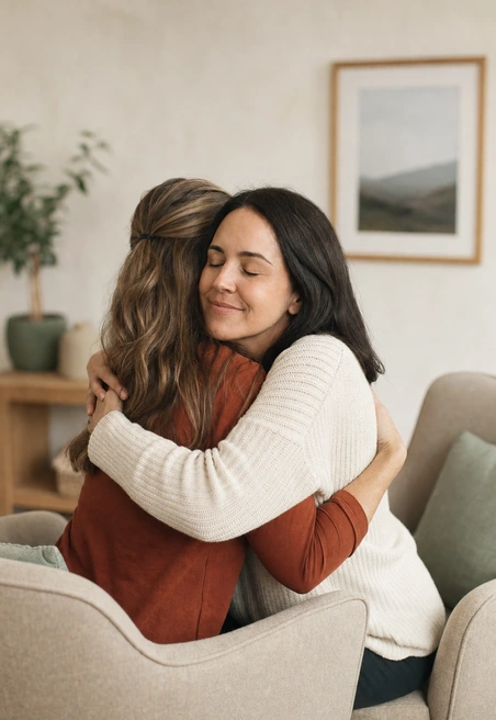 Two women holding each other at the end of a session
