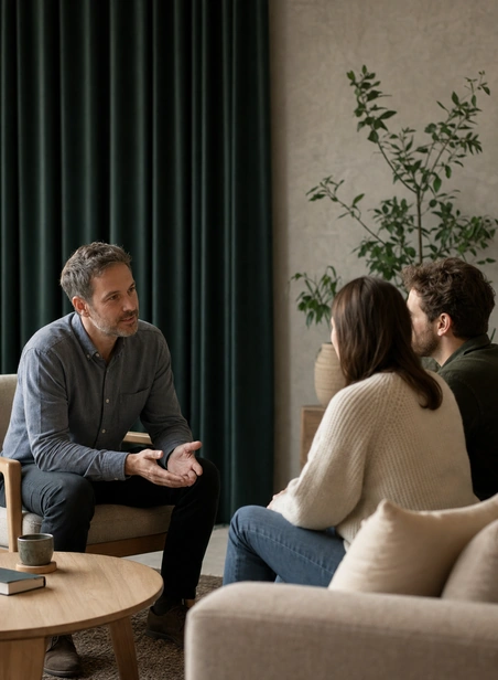 A therapist listening to a couple sitting on a sofa