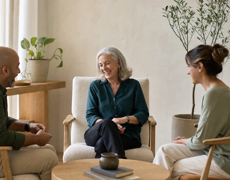 Three people laughing together in a waiting room