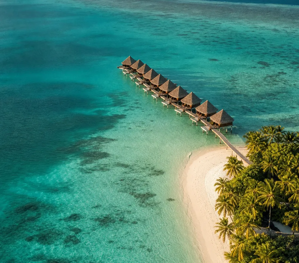 Aerial view of a curving row of thatched bungalows on stilts reaching into a turquoise lagoon