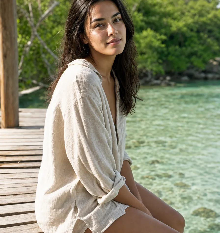 A woman in a pale linen shirt sitting on the edge of a wooden deck above shallow water