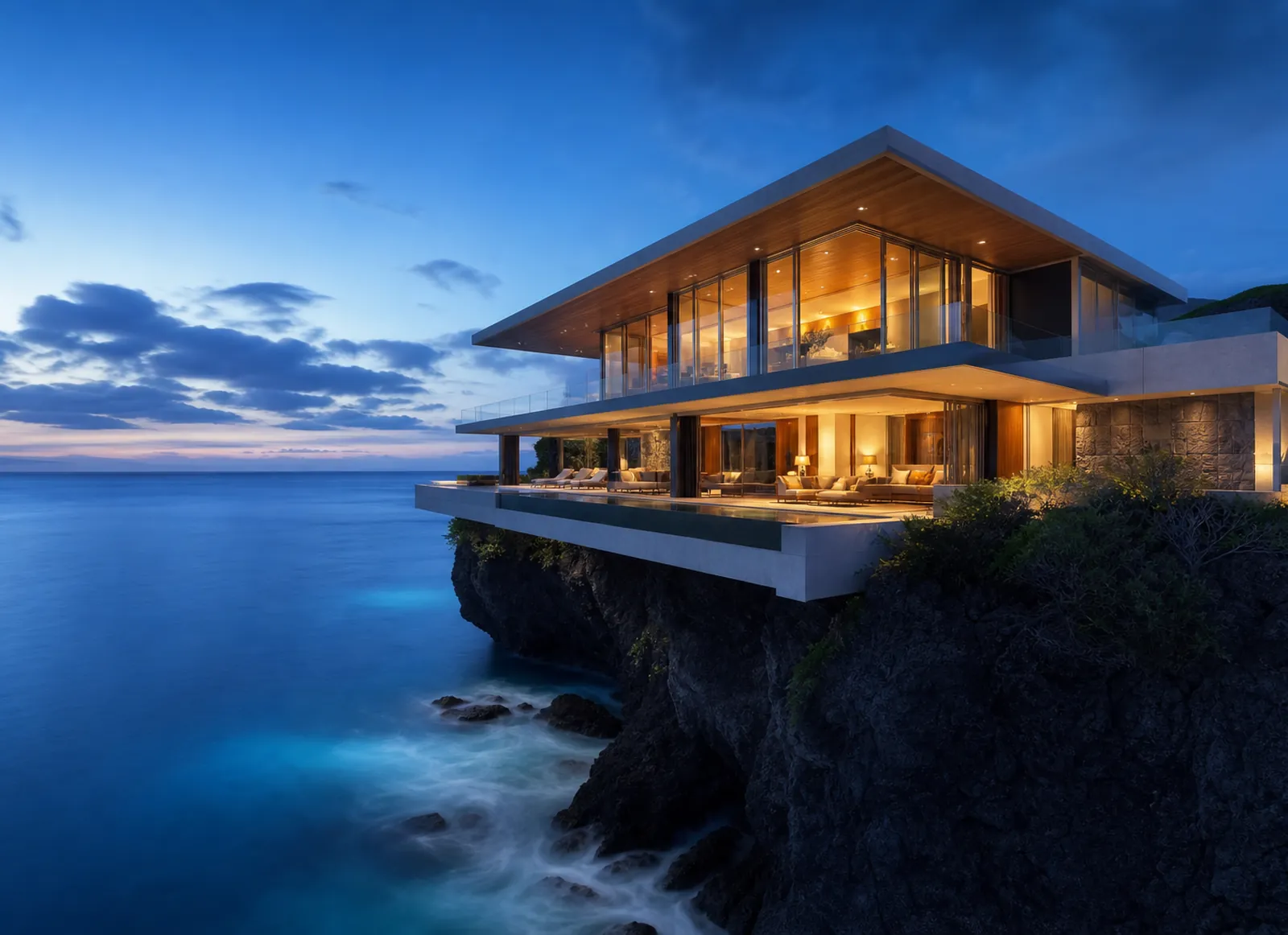A cantilevered resort villa of glass and pale concrete on a dark cliff above the ocean at dusk
