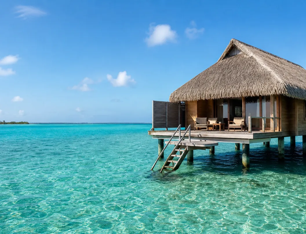 A thatched overwater bungalow with a private deck and ladder into a clear lagoon