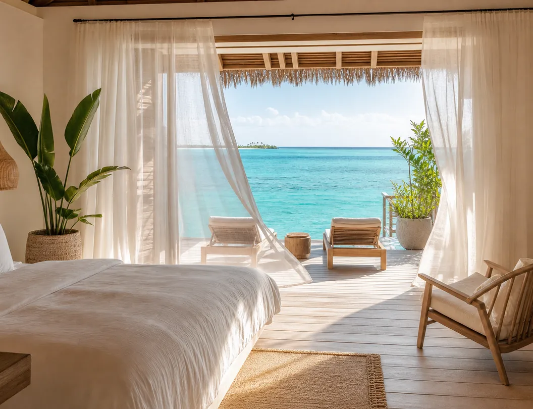 A minimalist suite with a white linen bed and open doors onto a turquoise lagoon
