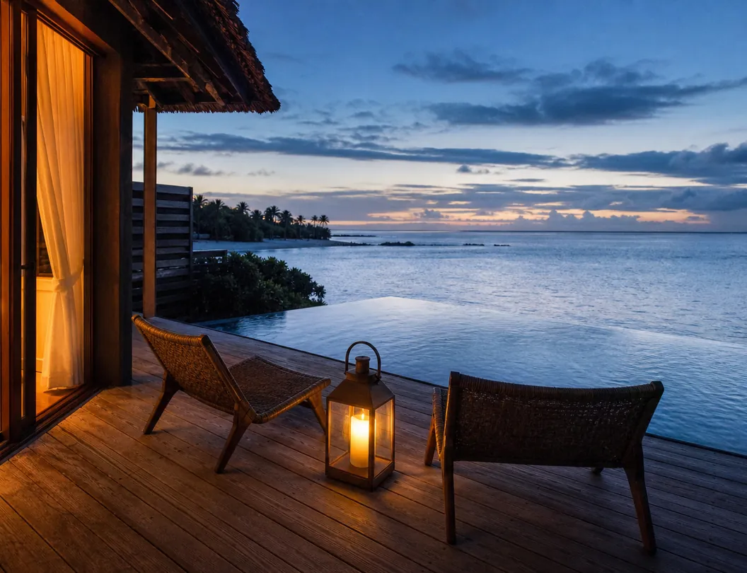 A lit deck at dusk with two low chairs and a plunge pool merging with the lagoon