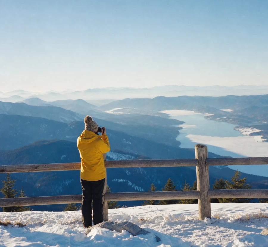 Traveller photographing a snowy viewpoint