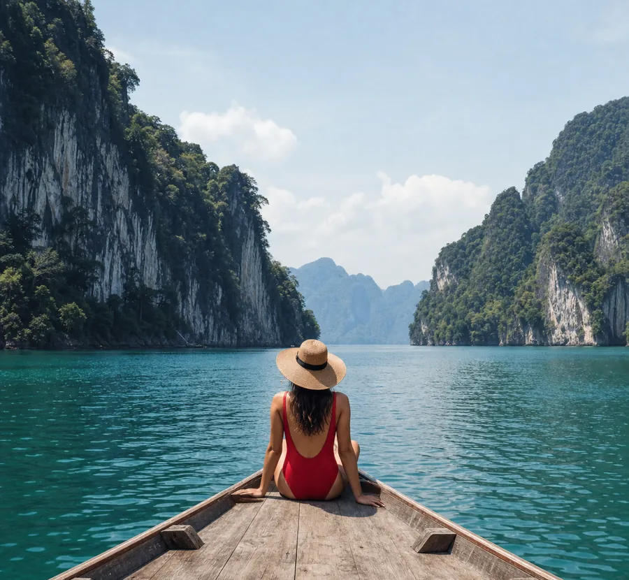 Woman in a red swimsuit on a longtail boat between limestone cliffs