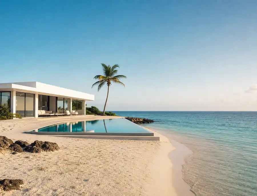 Modern house on a white beach beside turquoise water