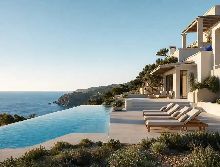 White villa with an infinity pool above the sea