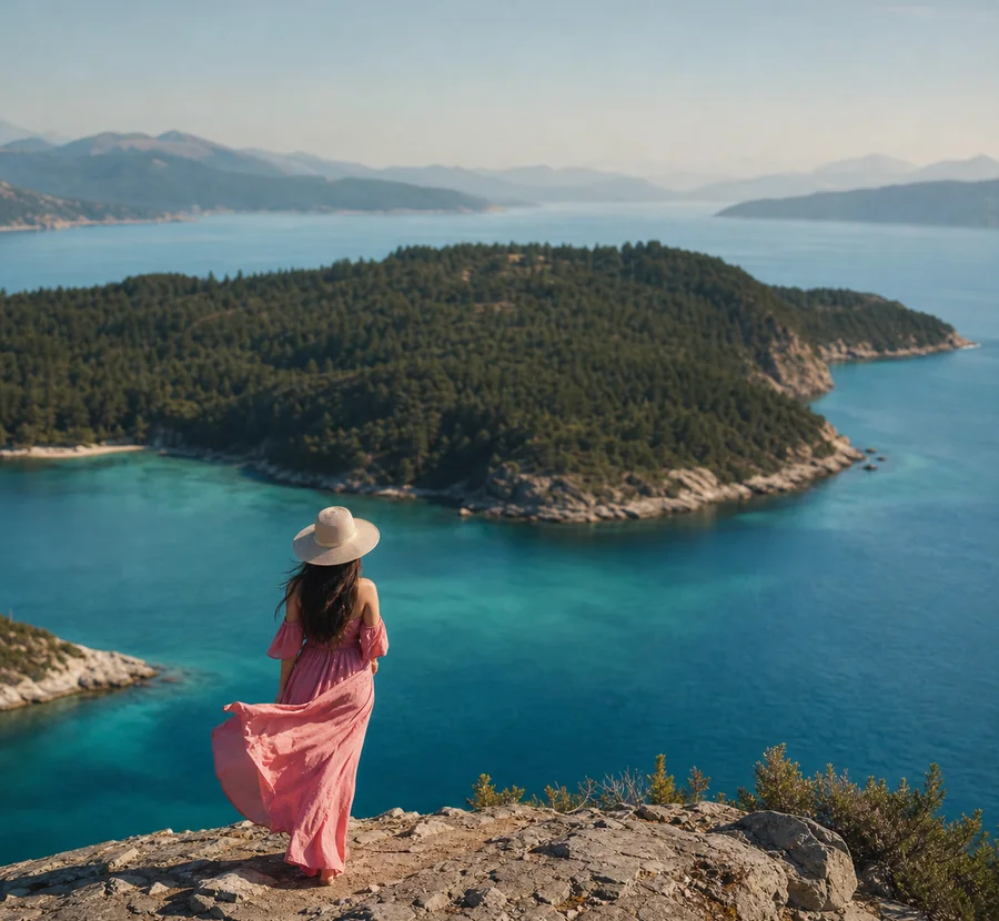 Woman in a pink dress looking over an island bay
