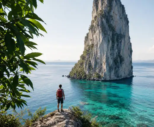 Hiker with a red backpack facing a limestone tower